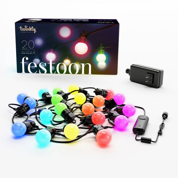 Twinkly Festoon Lichtsnoer - 20 RGB LED lampjes - App-gestuurd - 10M - Binnen en Buiten - Slimme Verlichting - Zwart