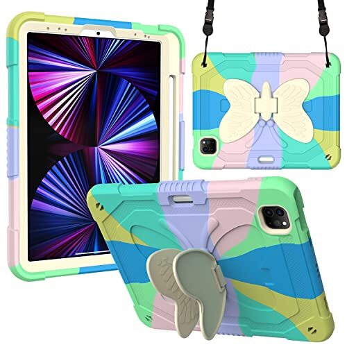 YEOU Compatibel met iPad 8th 10.2 (2020), 3D Heavy Duty Hard Rugged beschermhoes, cartoon Cute Butterfly Wings standaard, stootvaste siliconen hoes met standaard voor kinderen (lichtgroen)