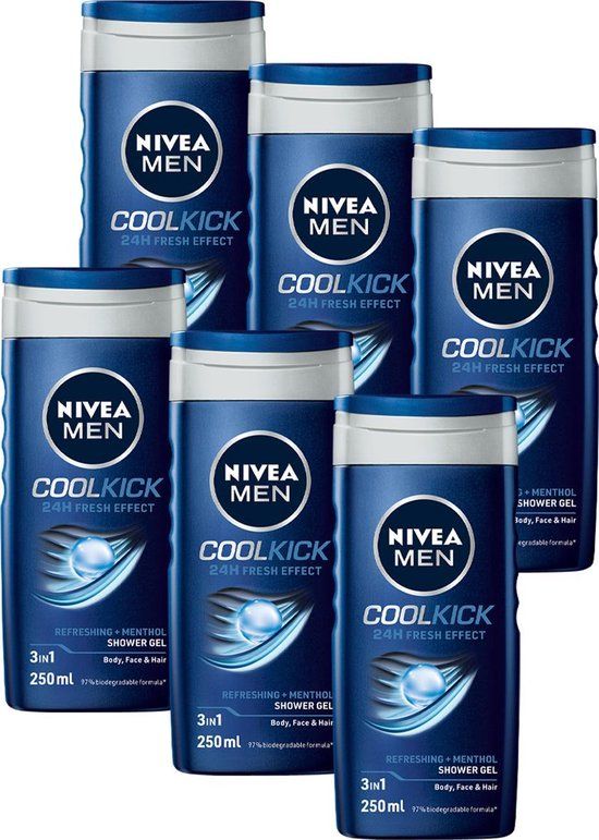 NIVEA MEN Cool Kick Douchegel - 3-in-1 Shower Gel - 6 x 250ml - Voordeelverpakking