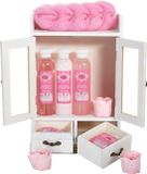 BRUBAKER Cosmetics - 10-delige bad- en verzorgingsset - kersenbloesems & rijstmelk - veganistisch - in vintage houtkastje wit - Cadeau - Moederdag Cadeautje