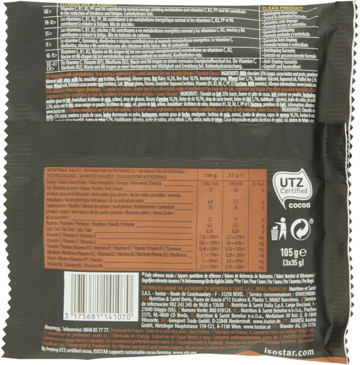 Isostar High Energy Sportreep Chocolade - 3 x 3 x 40 gr - Voordeelverpakking