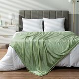 PAVILIA Saliegroen deken Pom Pom Twin Bed Bank Bank, Fleece Zachte Fuzzy Gezellige Lichtgewicht Pompom Fringe Deken, Decoratieve Boho Kamer Home Decor Gift Flanel Fluwelen Gooi, Lichtgroen, 60x80
