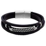 Lucardi - Heren Stainless steel herenarmband gevlochten leer zwart - Armband - Staal - Zwart - 21 cm