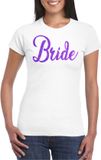 Bellatio Decorations Vrijgezellenfeest T-shirt voor dames - bride - wit - paarse glitter - bruiloft M