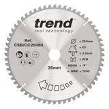 Trend Wood verstekzaagblad, 250 mm diameter, 30 mm boring, 60 tanden, 3 mm snijvoeg, -5° haak, TCT, fijn oppervlak, CSB/CC25060