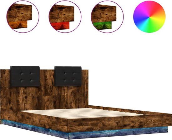 vidaXL Bedframe met hoofdbord en LED gerookt eikenkleur 140x200 cm