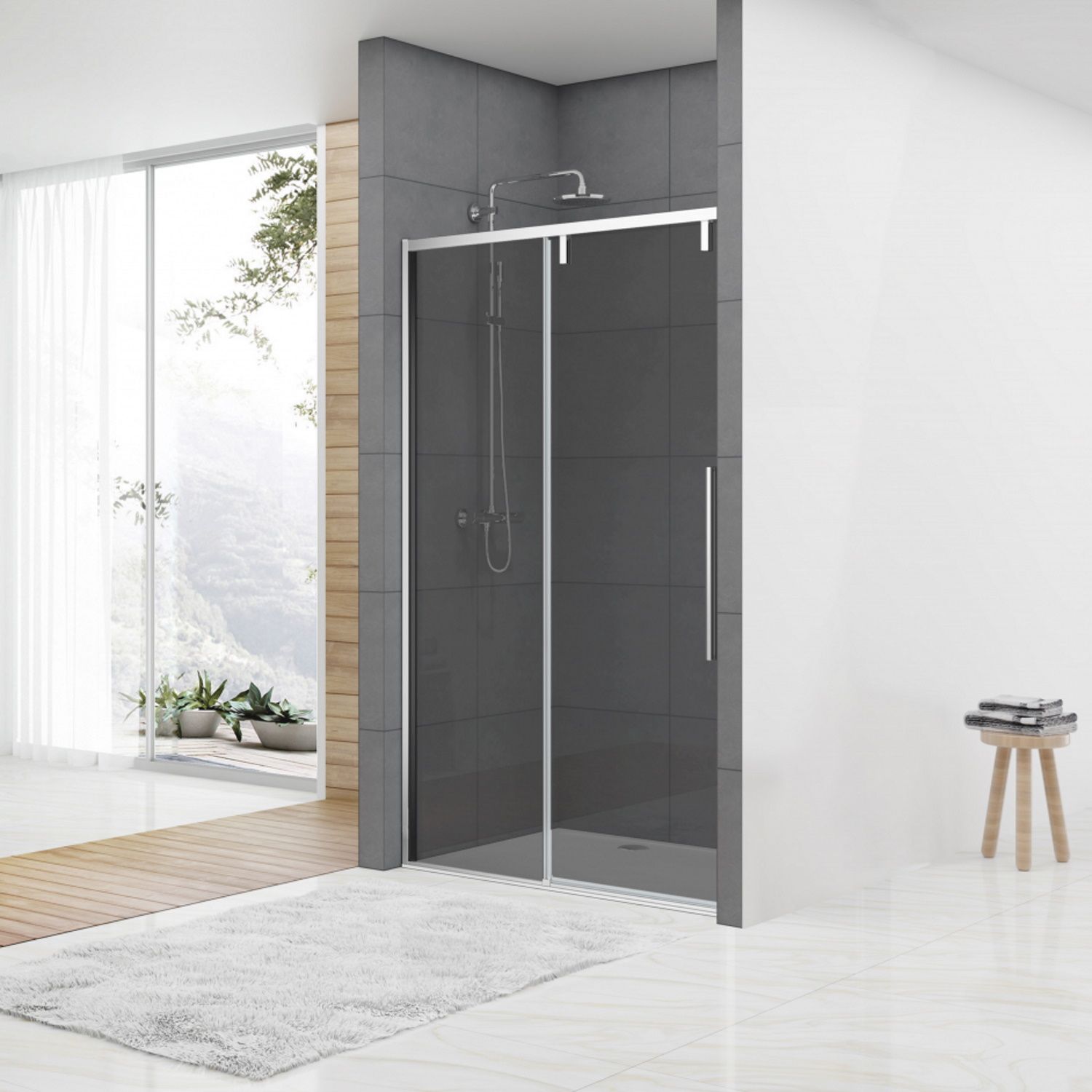 van Rijn Nisdeur st06 schuifdeur met vaste wand rookglas 160x200 cm 8 mm soft close chroom