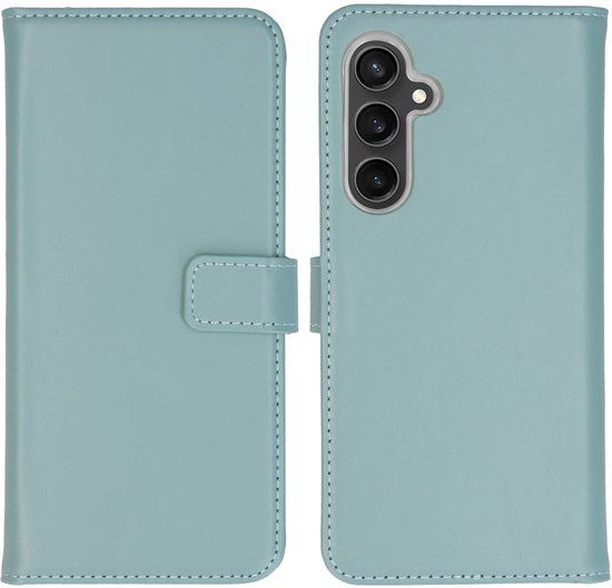 Selencia Hoesje - Geschikt voor Samsung Galaxy S23 FE - Echt Lederen Bookcase - Air Blue