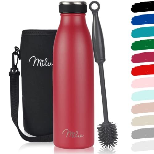 MILU Roestvrij stalen drinkfles 350ml 500ml 750ml 1000ml – thermosfles, geïsoleerde waterfles, lekvrije thermosfles dubbelwandig, geschikt voor koolzuur – incl. reinigingsborstel (rood, 500ml)