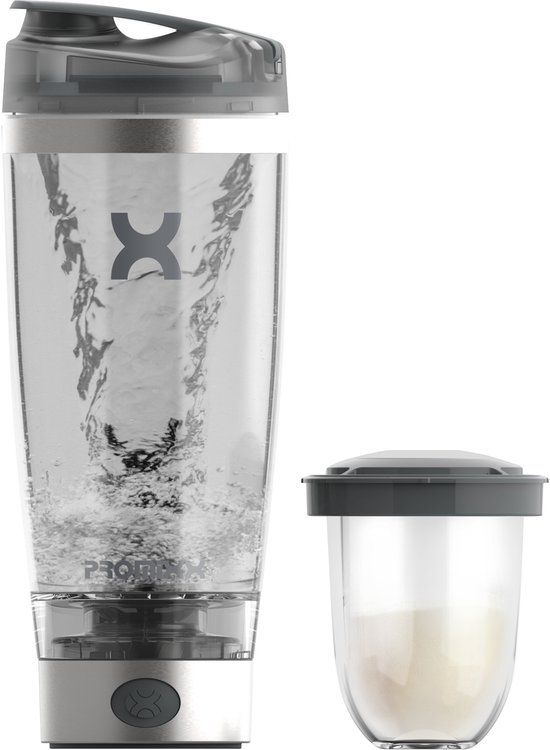 PROMiXX PRO Elektrische Shakebeker - Proteïn Shaker met Poeder Compartiment - Oplaadbare Shake Beker - Shake Mixer - BPA-vrij - 600ml - Stainless Steel Trim