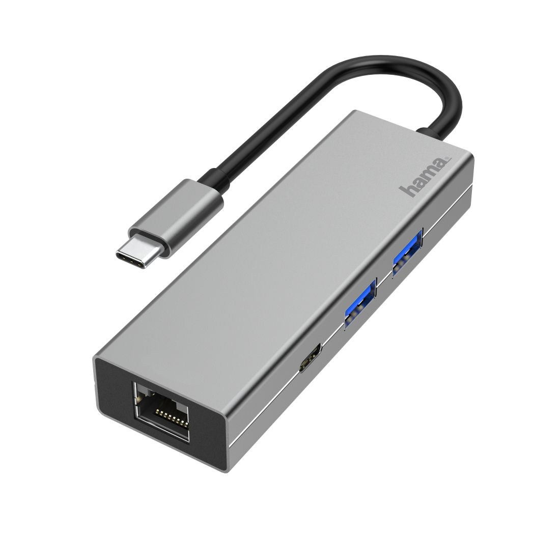 Hama USB-C Hub - 4-poorts - 2x USB-A, USB-C, LAN/Ethernet - Grijs