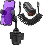 Buddi Way Support de téléphone universel pour porte-gobelet de voiture, chargeur de voiture 45W USB-A + port C Charge rapide et câble Buddi Flex USB-C vers USB-C enroulé 60W Charge rapide 1 mètre