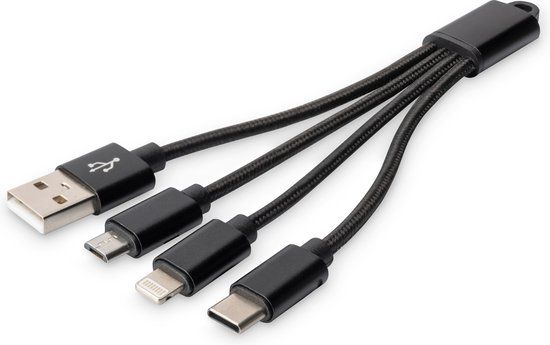 Digitus 3-in-1 oplaadkabel - 0,15 m - USB-A naar type C, Micro B, Lightning - 10W - voor smartphone, tablet, powerbank - zwart