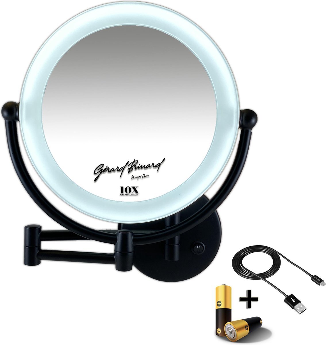 Gerard Brinard Metalen wand knik arm make-up LED Spiegel Mat zwart, Dubbelzijdig verlicht, 10x vergroting 22cm doorsnee, inculsief 4x AA batterijen en stroomkabel(USB) badkamer spiegel