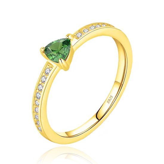 Elenza AMS Elenza Zilveren Ring met Groene Driehoekige Steen en Zirkonia, Verguld met 18k Gouden Plating-18mm