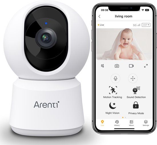Arenti P2F Wifi Indoor Security Camera - 5MP, 360° View, Dual-Band Wifi, App Control