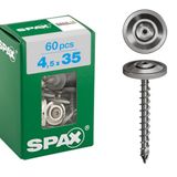 SPAX Plaatmetaalschroef, 4,5 x 35 mm, 60 stuks, volledig van schroefdraad voorzien, verhoogde verzonken kop, T-STAR plus T20, 4CUT, A2 roestvrij staal, afdichtingsring 15mm