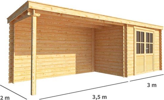 Merkloos Blokhut met overkapping Els 650 cm bij 200 cm diep Lessenaarsdak bruin
