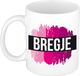 Bellatio Decorations Bregje naam cadeau koffie mok - beker - met roze verfstrepen - Cadeau collega - moederdag - verjaardag - juf - coach - 300 ml - wit