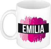 Bellatio Decorations Shoppartners Bv Emilia naam cadeau koffie mok - beker - met roze verfstrepen - Cadeau collega - moederdag - verjaardag - juf - coach - 300 ml - wit