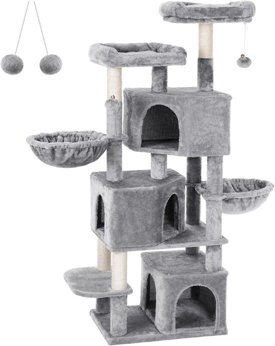 Songmics Kattenboom groot, met 3 kattengrotten - Grijs - Sisal