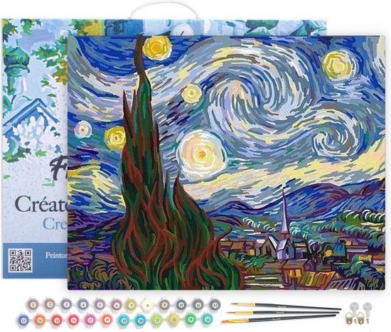 Figured'Art Schilderen op Nummer Volwassenen met lijst - Van Gogh Sterrennacht - Handwerk acrylverf Kit DIY Compleet - 40x50cm Canvas al ingelijst