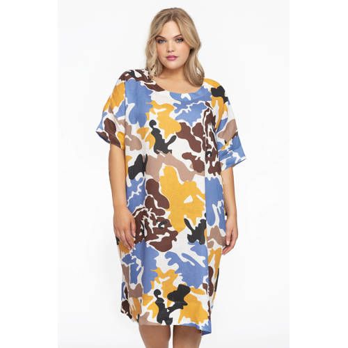 YOEK jurk met all over print ecru/geel/blauw/bruin
