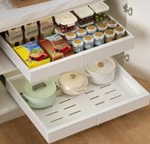 Famanu - Uittrekbare keukenlade, opslag en organisatie van de keuken, zonder priem, voor het organiseren van keukenkasten, badkamer, breedte verstelbaar van 32 tot 52 cm (wit, 1-delig)