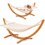 AMANKA XXL Hangmat met Standaard 325 cm - Massief Hout - Beige - 1 Persoon - 150 kg