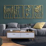 Glamativity Set van 4 gouden muurkunst, minimalistische inrichting enkele lijn kunst muurdecoratie, echt metalen muurkunst, abstracte muurkunst voor vrouwen (gouden klassieke stijl, maat M 37 x 29 cm)