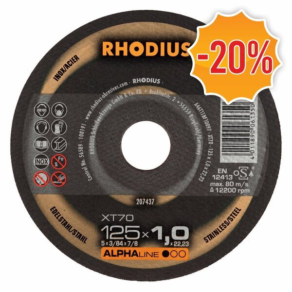 Rhodius Rhodius ALPHALine I XT70 Doorslijpschijf - Extra Dun - 125 X 22,23 X 1mm - RVS/Staal (25st)