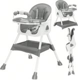 3-in-1 chaise haute pour bébé - Chaise haute E500 - Pliable - Réglable - Double plateau amovible - Harnais de sécurité 5 points - Repose-pieds et roues - Gris