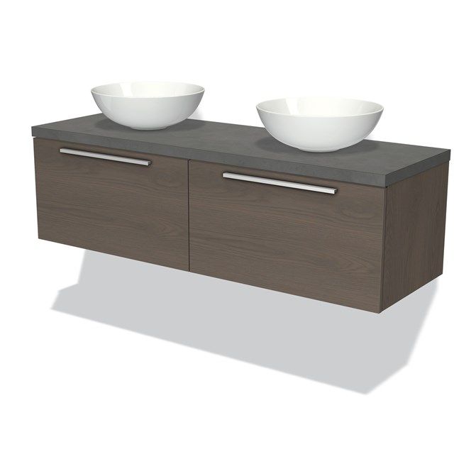 Maxaro Badkamermeubel Modulo Plato 140cm Donkerbruin Eiken 2 Lades Donkergrijs Beton Blad