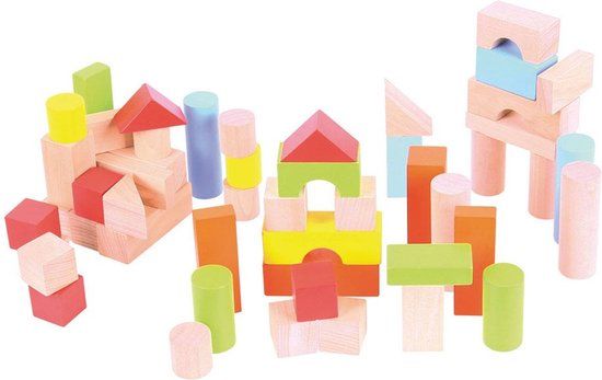 Bigjigs Trommel van 50 Blokken - Houten Bouwblokken - Multikleur