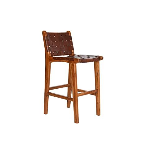 DKD Home Decor Kruk, standaard - Bruin - Leer en Teak - 41 x 53 x 90 cm