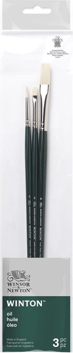 Winsor & Newton 5990609 Winton Pinsel Sets für Ölfarbe, Acrylfarbe und Alkydfarbe aus hochwertigen Schweineborsten -3 Pinselset - Rundpinsel Nr. 2, Flachpinsel kurz Nr. 2, Flachpinsel Nr. 6