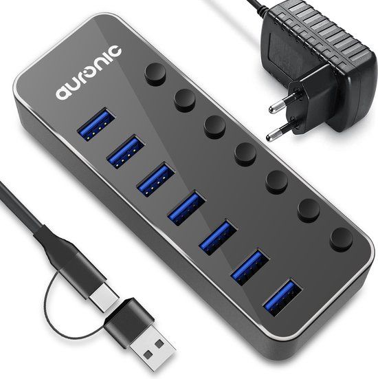 Auronic USB C Hub - USB Splitter met Voeding - 7 Poorten - USB 3.0 - Docking Station - USB C naar USB A - 5 Gbps - Zwart