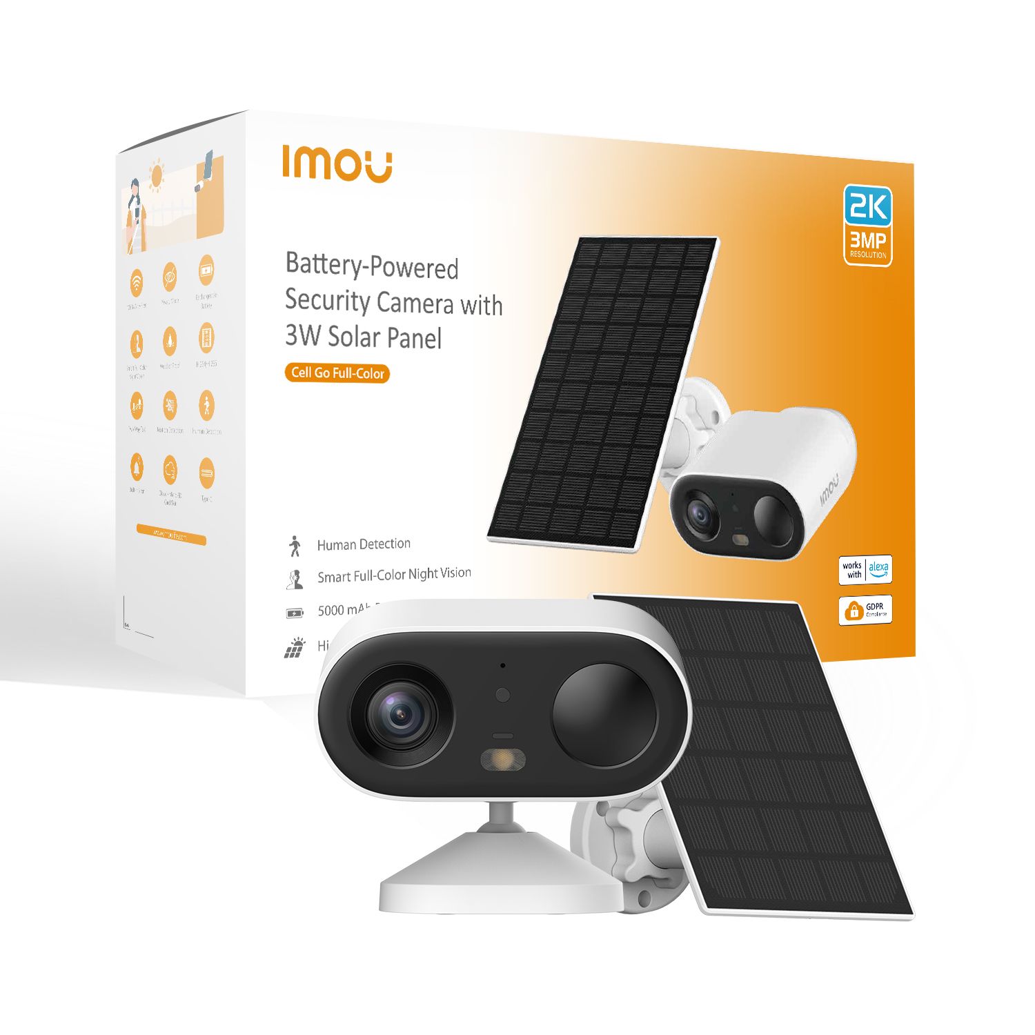 Imou Cell Go 2K Outdoor Security Camera with Solar Panel - Full Color Night Vision, 5000mAh Battery, and AI Detection