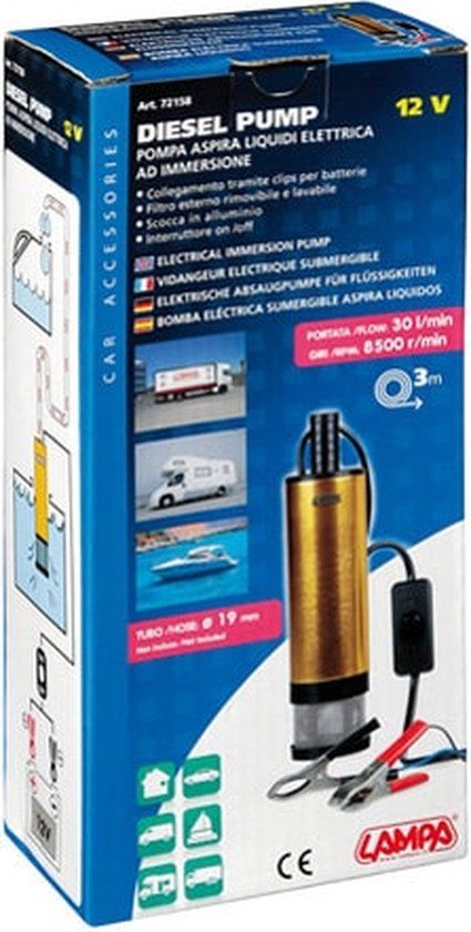 Lampa Dompelpomp 12V 50W – 30 L/min – 8500 RPM – Aluminium – Wasbaar Filter – 3 m Kabel – Voor Diesel, Water en Olie