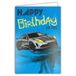 69-8116 Fluo-kaart 69-8116 Happy Birthday to You met envelop 12 x 17,5 cm – illustratie sportwagen coupe grijs raceauto – echte blauwe fluo-inkt voor heren – gemaakt en geproduceerd in Frankrijk
