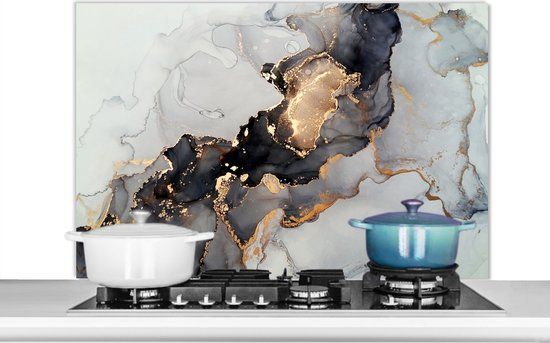 KitchenYeah Spatscherm - Luxe - Zwart - Marmer print - 100x65 cm