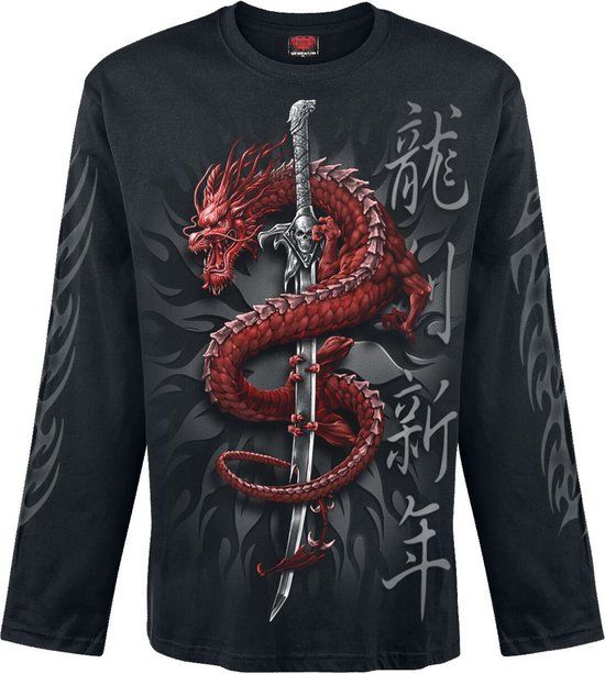 Spiral Oriental Dragon Longsleeve Heren Shirt met lange mouwen - zwart - XXL