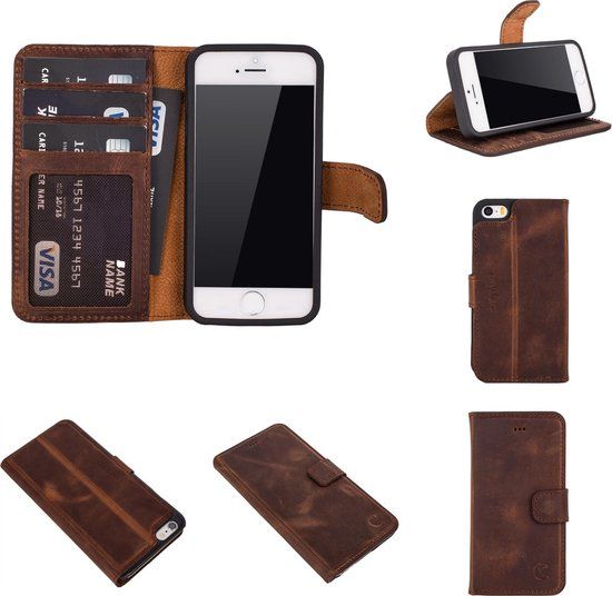 Celkani ® Hoesje voor Apple iPhone 5/5s/SE - Antiek bruin lederen book cover met kaartsleuven