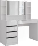 Vicco Coiffeuse "Sherry", blanc/blanc brillant, 119,8 cm, 4 parties | ✓ Miroir · 5 tiroirs · Sur pied · Aspect sans poignées · beaucoup d'espace de rangement