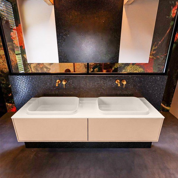 Mondiaz ERIN 150cm badmeubelset onderkast Rosee met 2 lades + RIDGE dubbele wastafel Linen