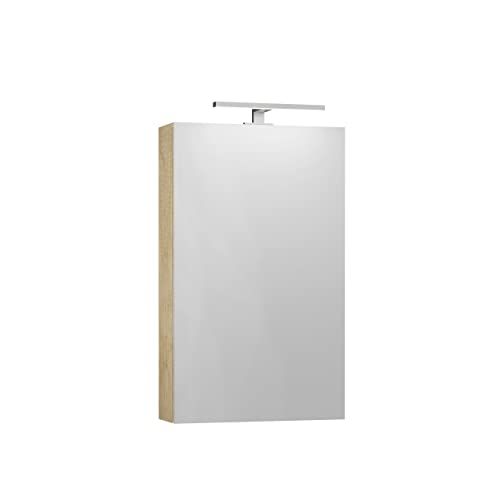 Baikal Wegkast met spiegel, multifunctionele badkamerkast, optie met of zonder LED-licht. Eenvoudige plaatsing aan de muur. Merino-kast met LED-wandlamp 48 cm natuur