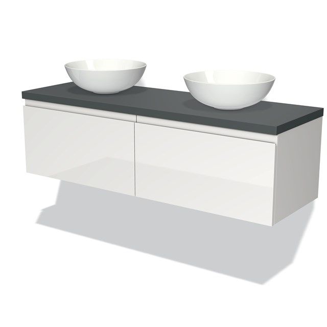 Maxaro Badkamermeubel Modulo Plato 140cm Hoogglans Wit 2 Lades Greeploos Donkergrijs Blad