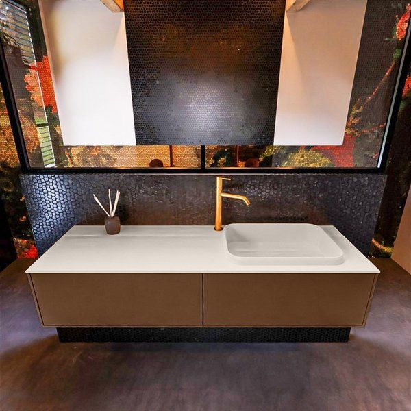 Mondiaz ERIN 150cm badmeubelset onderkast Rust met 2 lades + Wastafel RIDGE rechts Linen