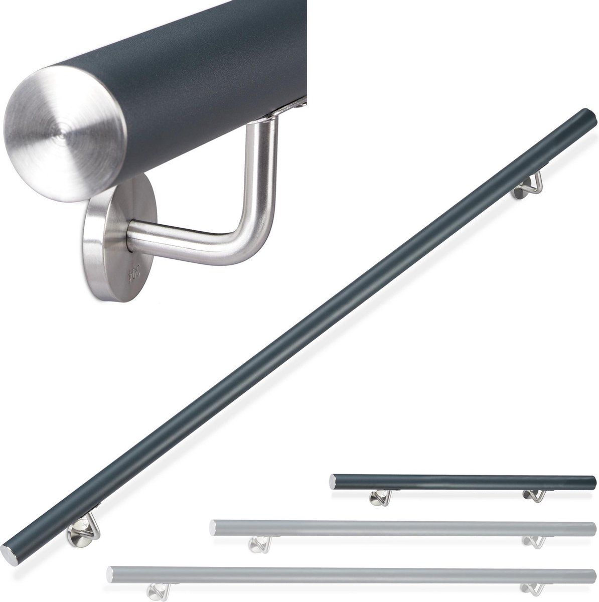 Relaxdays trapleuning aluminium - leuning rond - binnen en buiten - mat - antraciet