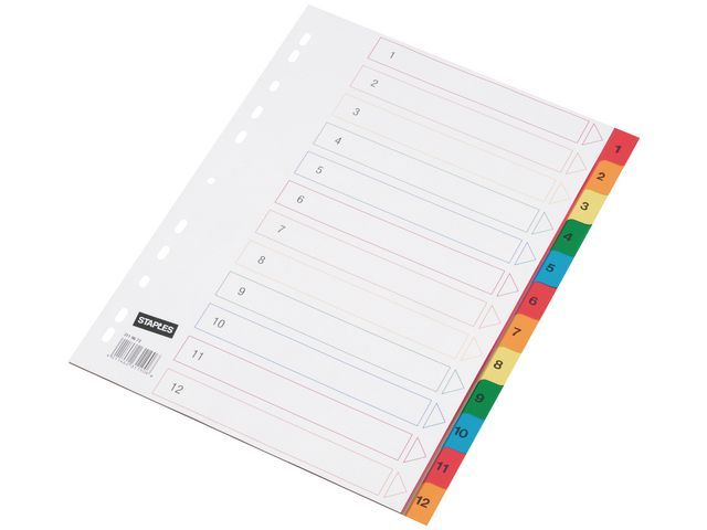 Staples Tabbladen - Gekleurd Kunststof - 11 Rings - A4 - 1-12